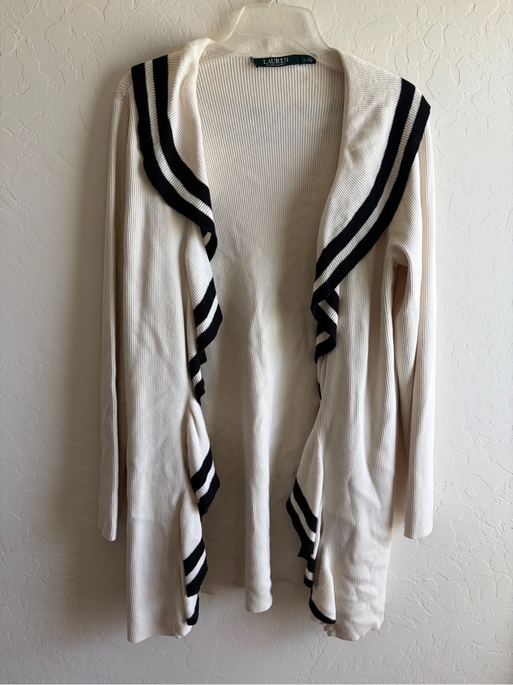 Lauren Ralph Lauren Cream Open-Front Cardigan with Black Striped Trim